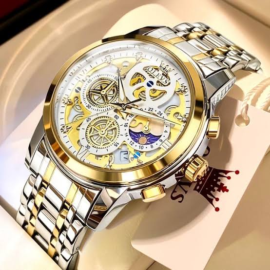 Luxury Men's Skeleton Watch – Gold & Silver Stainless Steel Mechanical Analog Wrist Watch