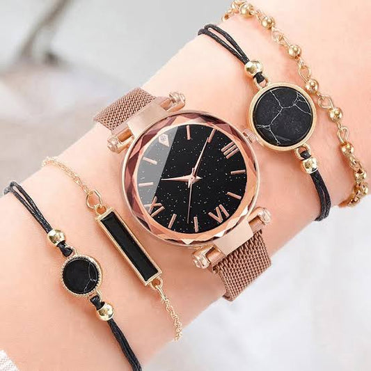 Luxury Rose Gold Women's Watch & Bracelet Gift Set Elegant Rose Gold Starry Dial Watch with 4-Piece Bracelet Set Premium Women's Fashion Watch & Matching Bracelet Collection