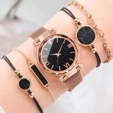 Luxury Rose Gold Women's Watch & Bracelet Gift Set Elegant Rose Gold Starry Dial Watch with 4-Piece Bracelet Set Premium Women's Fashion Watch & Matching Bracelet Collection