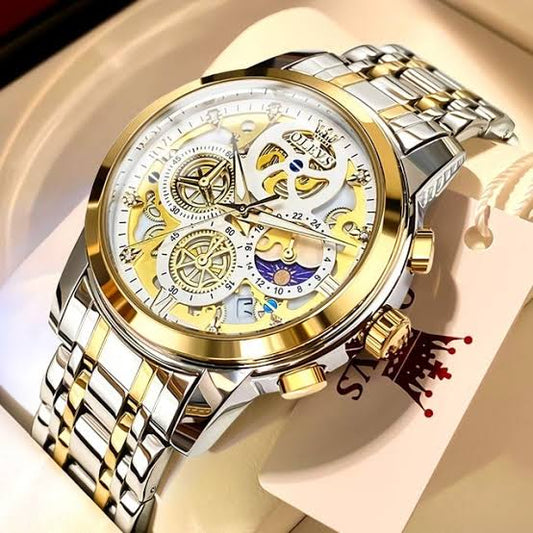 Luxury Men's Skeleton Watch – Gold & Silver Stainless Steel Mechanical Analog Wrist Watch